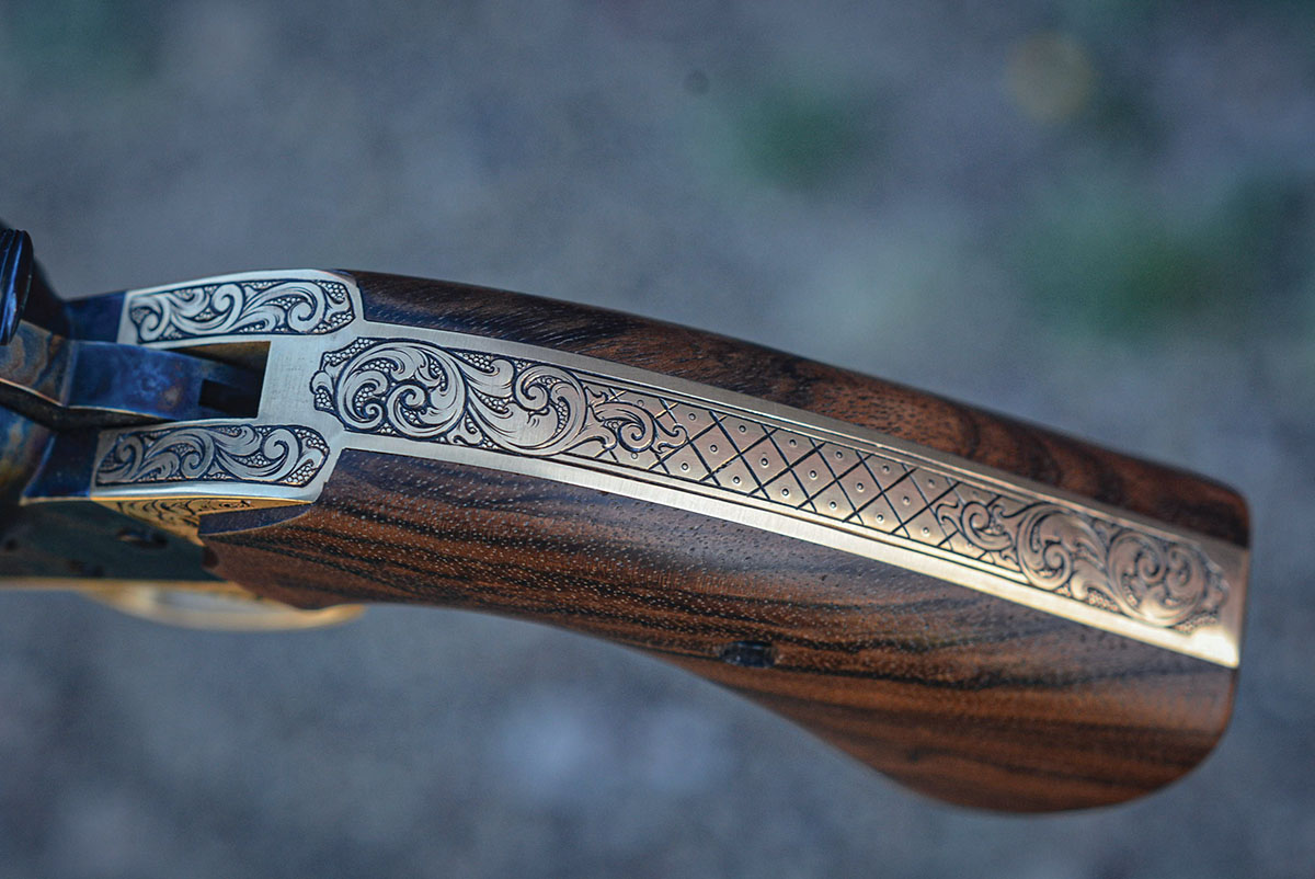 Each RW grip frame is hand engraved at Tyler Gun Works, giving the Brasshawk a custom touch.